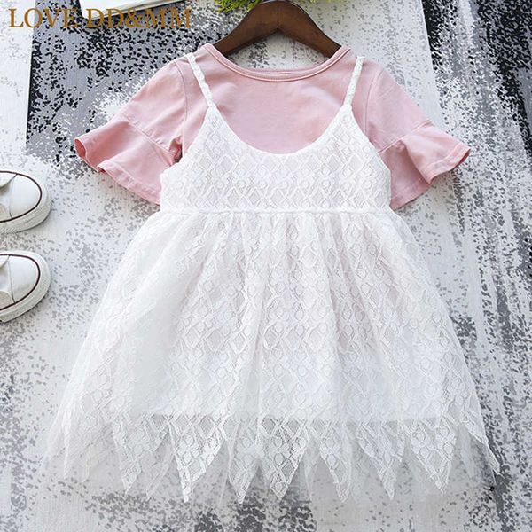 

love dd&mm girls sets summer kids cute girls speaker short sleeve t-shirt + sweet lace sling dress set 210715, White