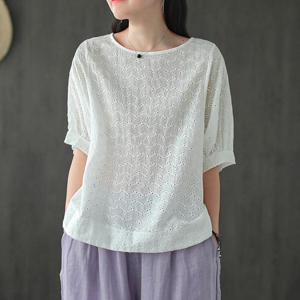 

johnature retro embroidery print o-neck short sleeve all-match pullover t-shirts summer simple comfortable women 210521, White