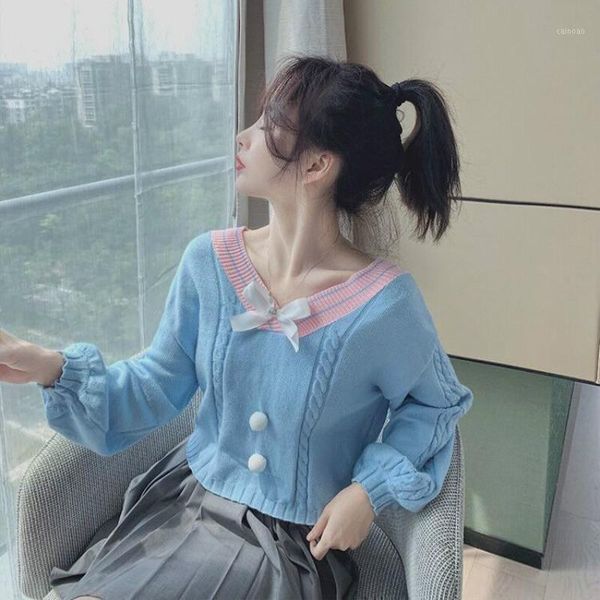 

autumn winter sweet women v-neck knitted pullovers vintage loose cute bow japanese soft girl preppy style sweaters outwear y76 women's, White;black