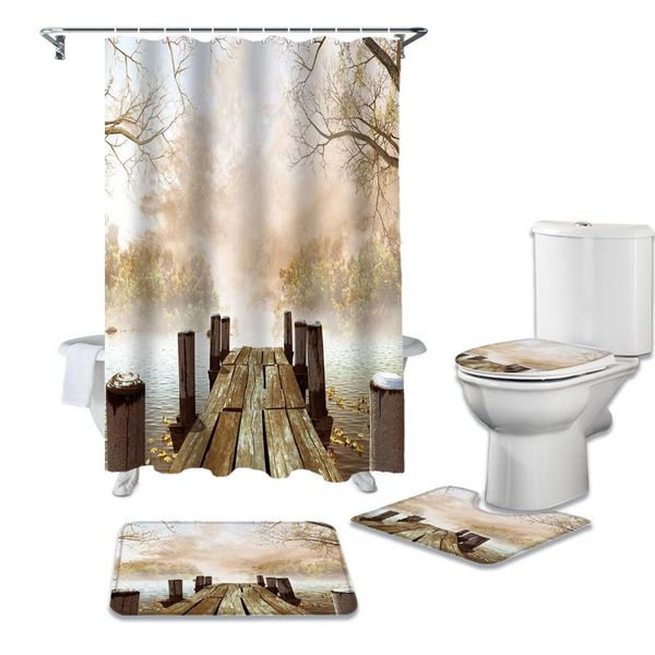 

waterproof shower curtain set wooden bridge tree branch river curtains bathroom decor with