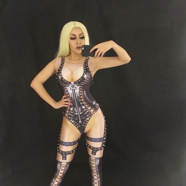 

women's jumpsuits & rompers 2 colors black red printed bodysuit stage outfit female singer leggings nightclub nude costume dance rivets, Black;white