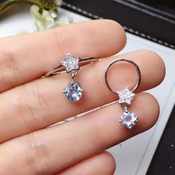 

fashion cute stars natural light blue aquamarine gem s925 silver ring pendant gemstone jewelry set girl party bracelet, earrings & necklace, Black