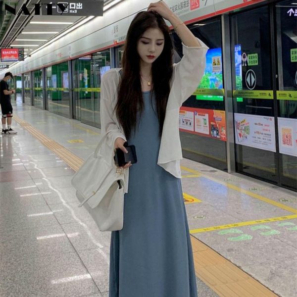 

casual dresses women camis dress female trendy summer autumn korean cardigan sun protection clothing vest skirt fashion 2 piece suits, Black;gray