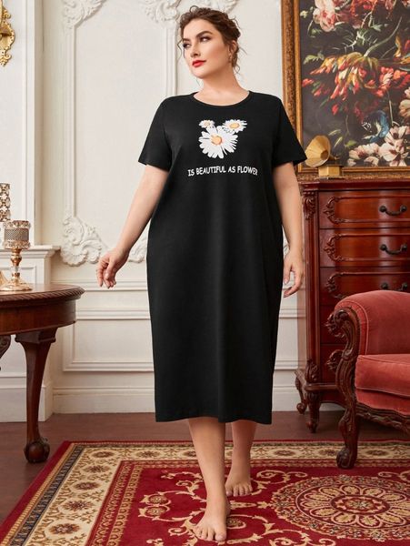 

plus floral & slogan graphic nightdress 26ad#, Black;white