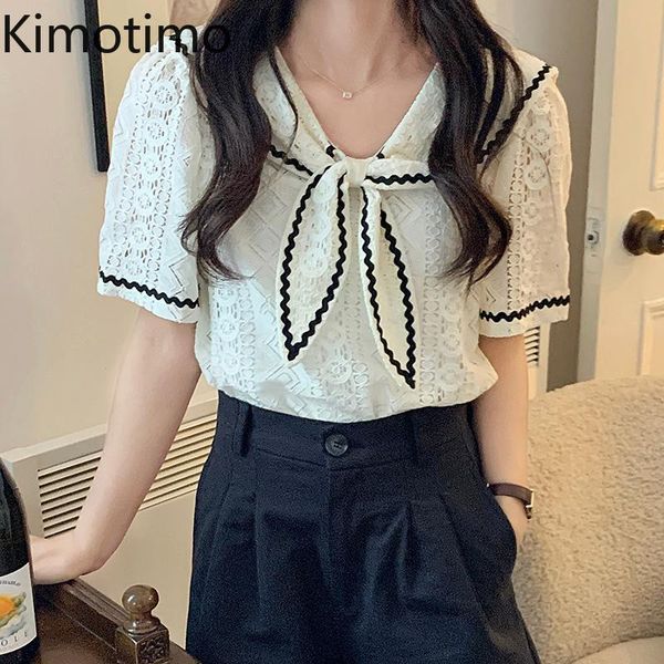 

women's blouses & shirts kimotimo lace button up shirt women summer french sailor collar belt hook flower hollow all-match short sleev, White