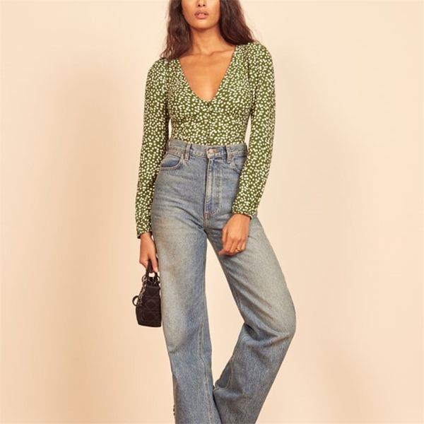 

summer women casual polka dot print v-neck long-sleeved shirt 210430, White