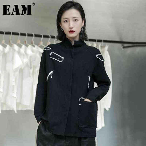 

[eam] women line split joint big size blouse new stand collar long sleeve loose fit shirt fashion tide spring autumn 1da908 210410, White