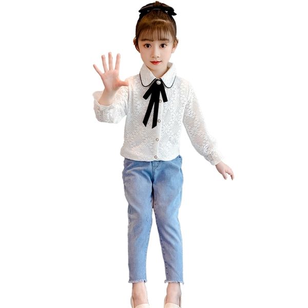 Kinderkleidung Mädchen Bluse + Jeans Outfits Spitze für Teenager Blumen Kinderkleidung 6 8 10 12 14 210527