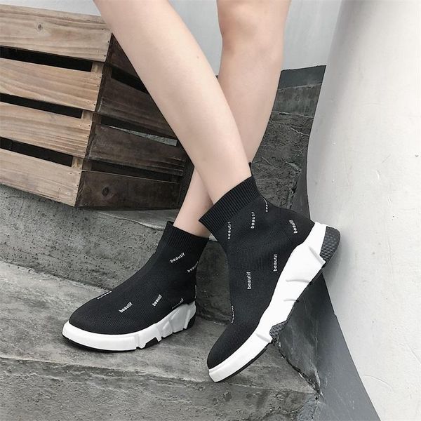 

boots autumn ankle for women shoes woman letter print black sock breathable knitting slip on winter plus size