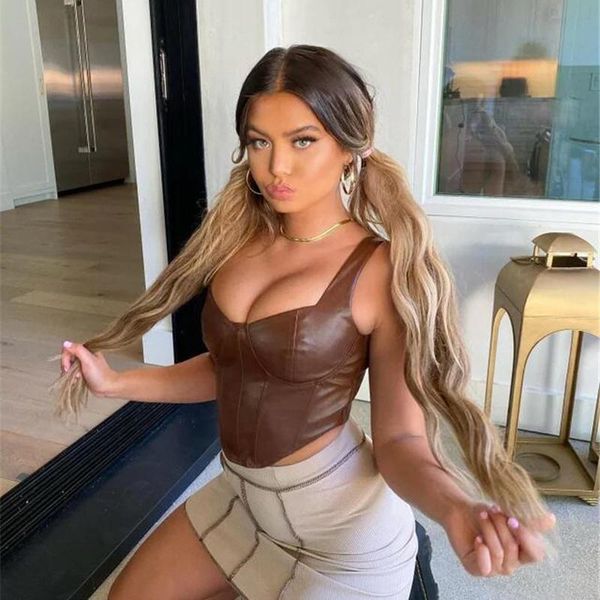 

women's tanks & camis pu vest elastic wrap camisole streetwear club wear crop tank short binder, White