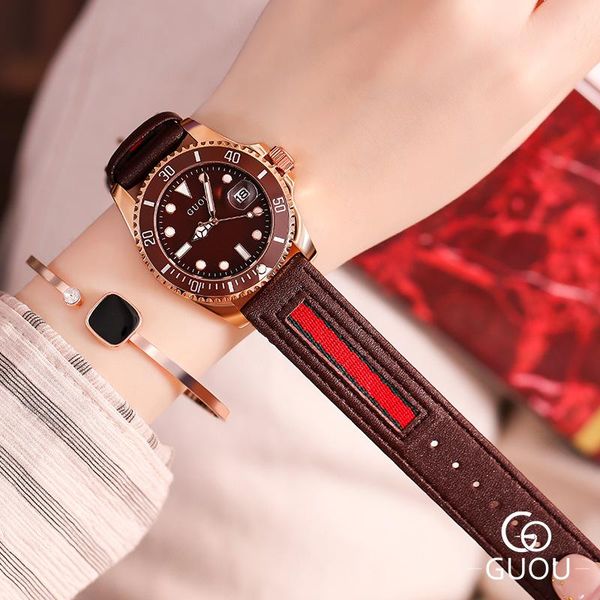

wristwatches 2021 fashion lady round dial watches calendars genuine leather belts women's quartz g8077, Slivery;brown