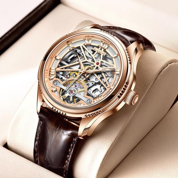 Relógios de pulso Lige Skeleton relógios mecânicos relógio automático homens tourbillon esporte relógio casual business lua lua relojes hombre