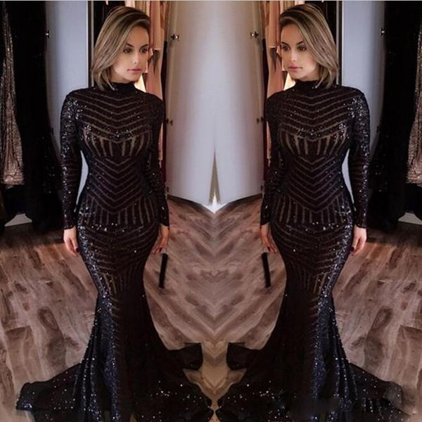 

2022 black mermaid prom dresses high neck long sleeve sequined evening party gowns