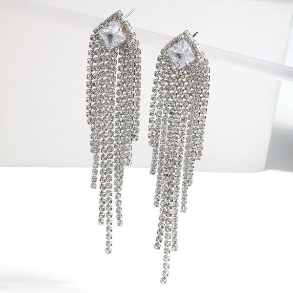 

dangle & chandelier aensoa long tassel rhinestone drop earrings for women oversize full crystal fashion jewelry 2021 gift, Silver