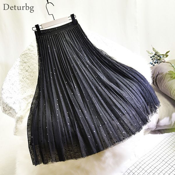 

casual dresses women's elegant dot print midi tulle skirt korean female high waist 3 layer black pleated mesh skirts faldas autumn, Black;gray