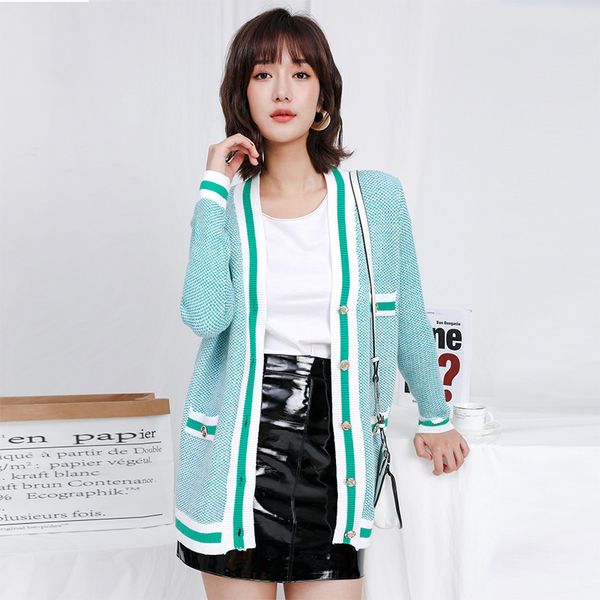 

dsigners maje new loose vneck color contrast casual medium length long sleeve knitted cardigan for women in autumn and winter, White;black