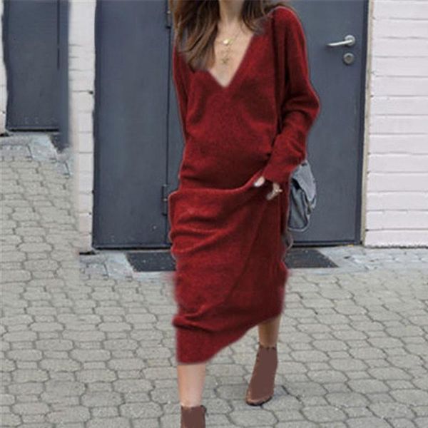 

casual dresses women maxi dress with long sleeve v neck solid loose knitted sweater thin shirt robe, Black;gray