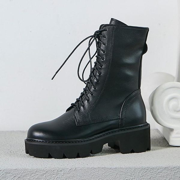 

handmade short boots female genuine leather motorcycle platform women shoes lace up chunky high heels zipper booties black
