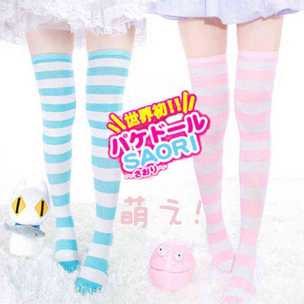 

long stripe adorable anime tight high over knee pink blue white for women girl cosplay student kawaii lolita cotton stocking y1119, Black;white