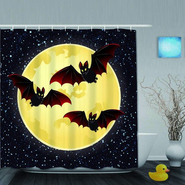 

bath shower curtain set with 12 hooks halloween night with bats flying over moon