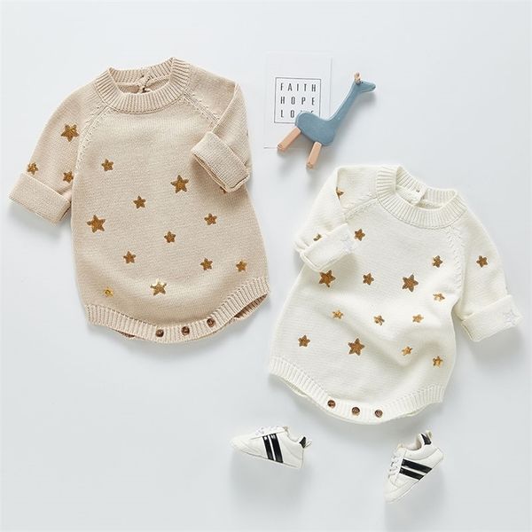 

0-3yrs cute baby girl knit rompers spring autumn long sleeve fashion infant clothes star printing 210521, Blue