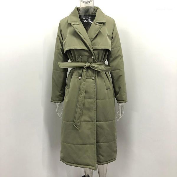 

tie belt parkas women fashion solid double breasted coats elegant turn down collar cotton jackets female ladies women's &, Black