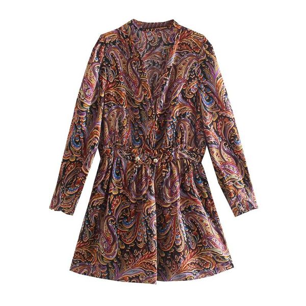 

casual dresses women 2022 fashion floral print slim mini dress vintage long sleeve v-neck female streetwear, Black;gray