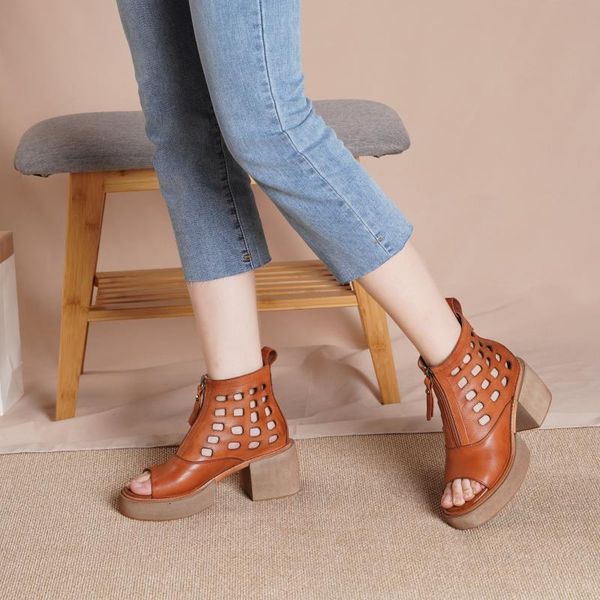 

boots designer summer shoes genuine leather platform sandals upper zip retro open toe brown 7v2l, Black