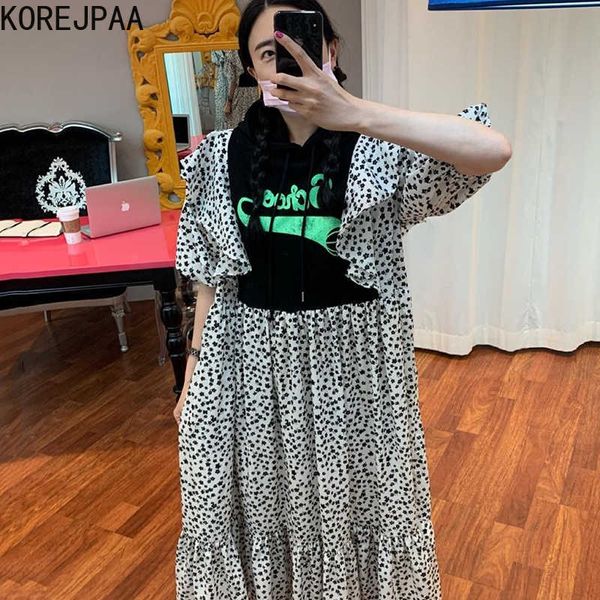

korejpaa women dress summer korean chic retro temperament hooded letter print ruffled loose puff sleeve floral vestidos 210526, Black;gray