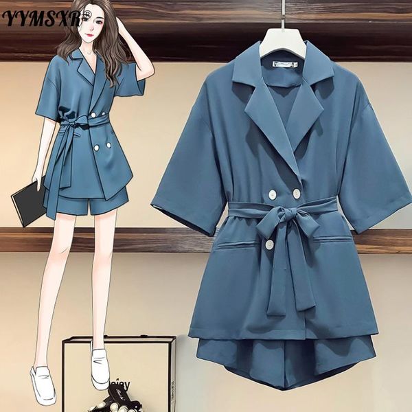 

women's two piece pants l-4xl large size casual 2021 summer thin double-breasted loose short-sleeved suit + fashion shorts two-piece su, White