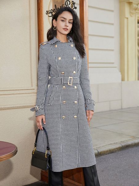 

houndstooth double breasted buckled belted longline overcoat v0h9#, Black