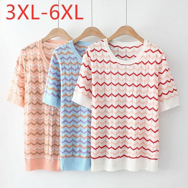 

women's t-shirt 2021 ladies summer plus size knit for women large short sleeve slim elastic cotton stripe o-neck 3xl 4xl 5xl 6xl, White