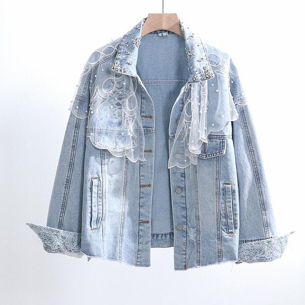 

women's jackets fashion lace splice beading diamonds blue denim coat jacket women basic outerwear chaqueta mujer loose short jeans fema, Black;brown