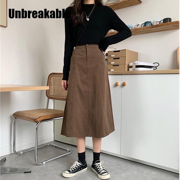 

skirts unbreakable skirt womens 2021 autumn winter corduroy split elegant korean style pocket high waist long femme, Black