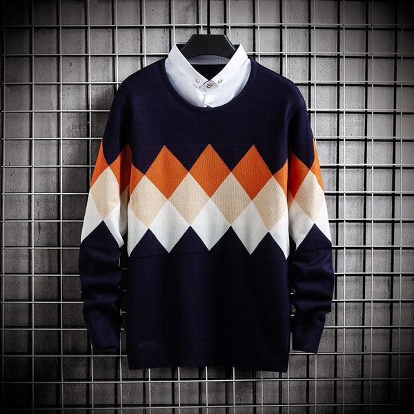

men's sweaters men casual fake two-piece sweater long sleeve fit-knitted loose male pullover argyle pull up 2021 autumn fasion, White;black