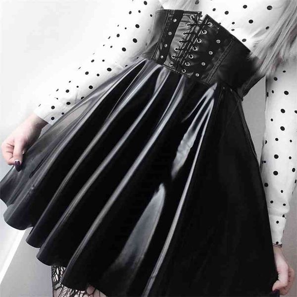 

suchcute women's skirts gothic harajuku bandage faux leather korean fashion black mini pleated summer party pu saias 210629