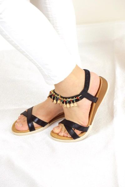 

sandals women's black bangle buckle low heel 0001