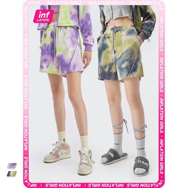 

women's shorts inflation women high waisted 2021 fall trendy tie dyed lady loose cool streetwear waffle sweat, White;black
