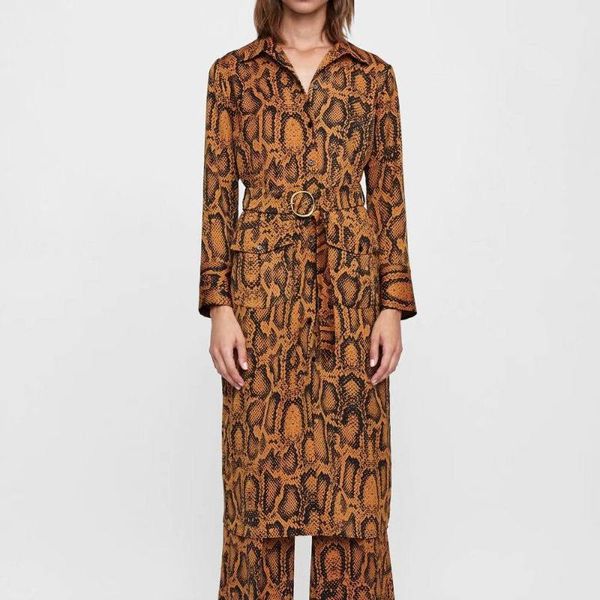 

women's trench coats autumn women high street leopard print sashes collect waist mid-long outwear office lady wear lacing up cardigan c, Tan;black