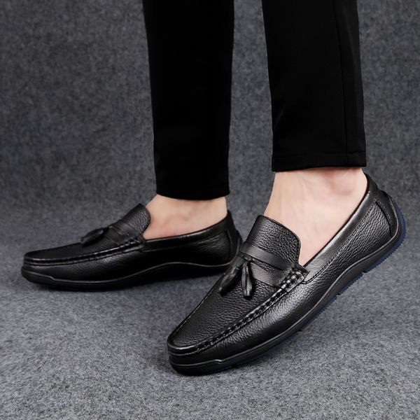 

dress shoes loafers men genuine leather slip-on moccasins handmade outdoor male casual drive walk luxury leisure shoes 8r34, Black