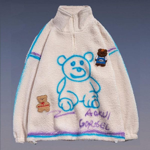 

men's jackets hip hop lambswool jacket bear print half zipper pullover hoodies men harajuku streetwear loose hooded couple coat outwear, Black;brown