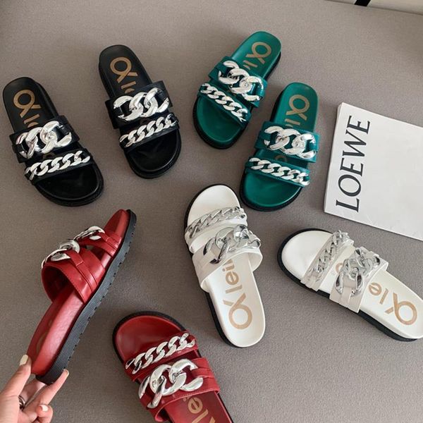 

chain clause casual style sandals woman 2021 summer retro round toe sponge cake thick bottom all-match slippers leisure shoes, Black