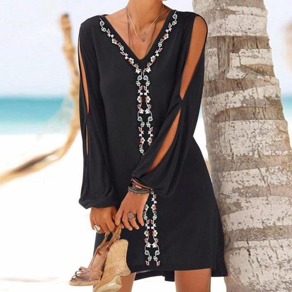 

casual dresses hollow out lantern sleeve o neck loose dress women print straight elegant beach party mini 2021, Black;gray