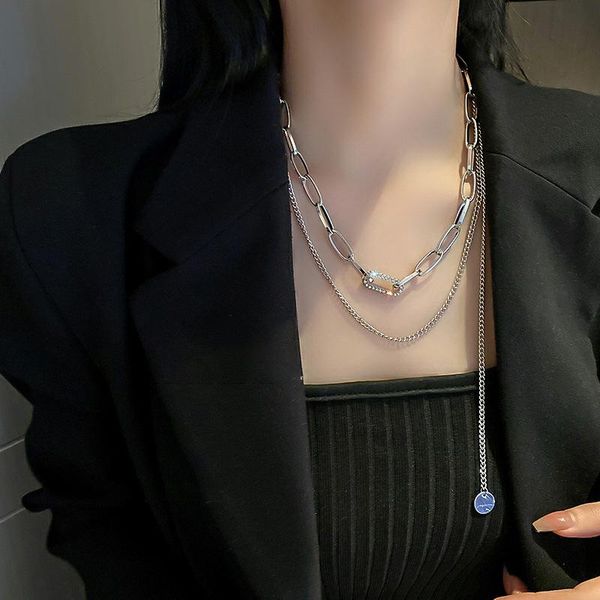 

pendant necklaces eurins hip hop double-layer wafer necklace simple diamond splicing clavicle chain minority design, sense of net red neck, Silver