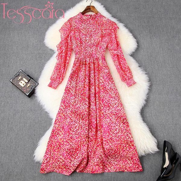 

casual dresses tesscara women runway designer luxury long chiffon dress ruffle party robe vintage lantern sleeve cocktail vesti, Black;gray