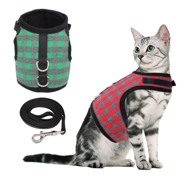 

cat collars & leads plaid adjustable harness with leash set for walking escape proof soft air mesh kitty puppy rabbits small dogs animal