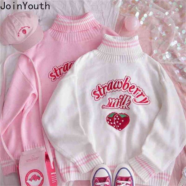 

joinyouth turtleneck sweater sweet embroidery strawberry pknitted pullovers ropa mujer wear oversized loose jumper pull femme 210810, White;black