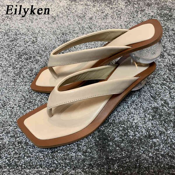 

eilyken 2021 summer flip flops slippers clear transparent med heel slides fashion round ball heel slipper for party shoes women c0410, Black