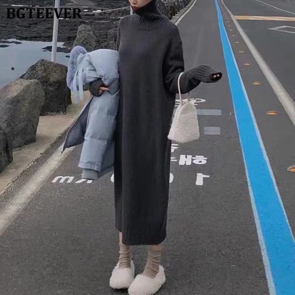 

casual dresses bgteever turtleneck thicken warm long sweater for women 2021 autumn winter dress knitting female vestidos, Black;gray