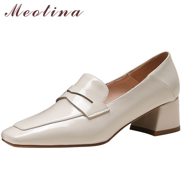 

women shoes square toe med heels patent leather chunky heel pumps dress ladies footwear spring apricot beige 210517, Black